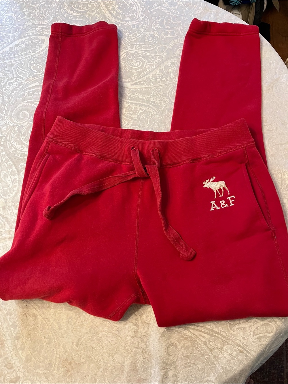 Abercrombie & Fitch Men Large Red Fleece Jogger Pants with A&F Moose Logo EUC